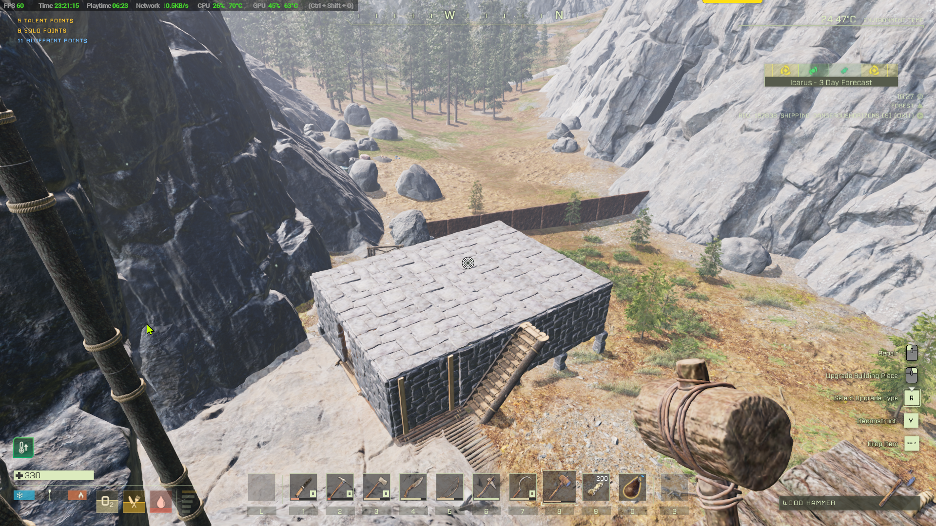 Replace the wooden roof and wall sections with stone.