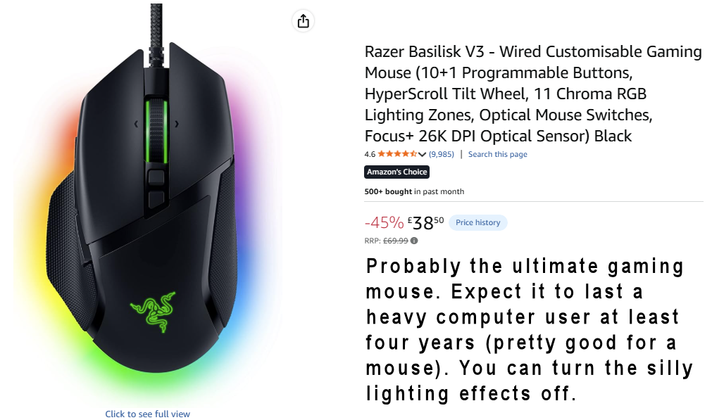 Razer Basilisk V3 - Wired Customisable Gaming Mouse